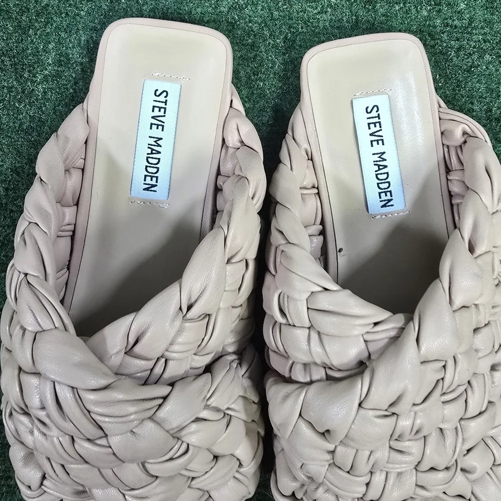 Steve Madden | Marina PU Leather Wide Strap Woven Square Toe Slide Sandals
